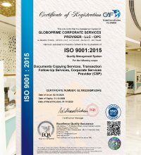 ISO 9001:2015 Quality Management System Certificate issued to GloboPrime Corporate Services Provider LLC in Abu Dhabi. Certificate number GL100225QMS29AE.