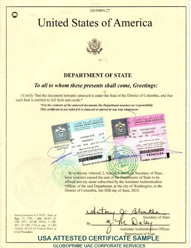 USA attested certificate sample with UAE Ministry of Foreign Affairs and UAE Embassy stamps