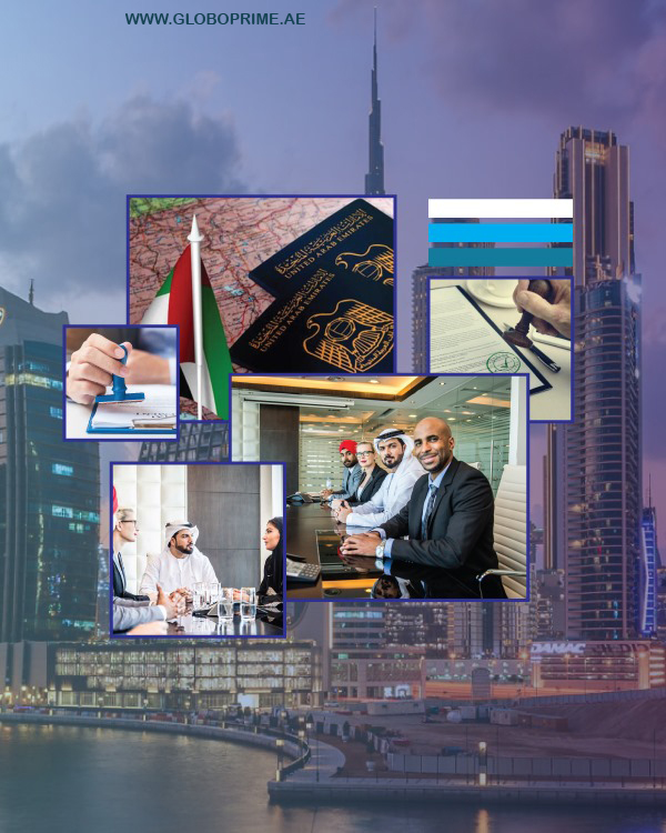 Collage of UAE business and visa services, featuring passports, attestation stamps, and a professional team in uae office