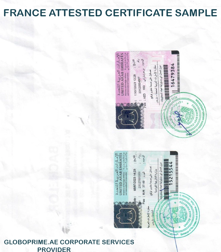 France attested certificate sample with UAE authentication stamps