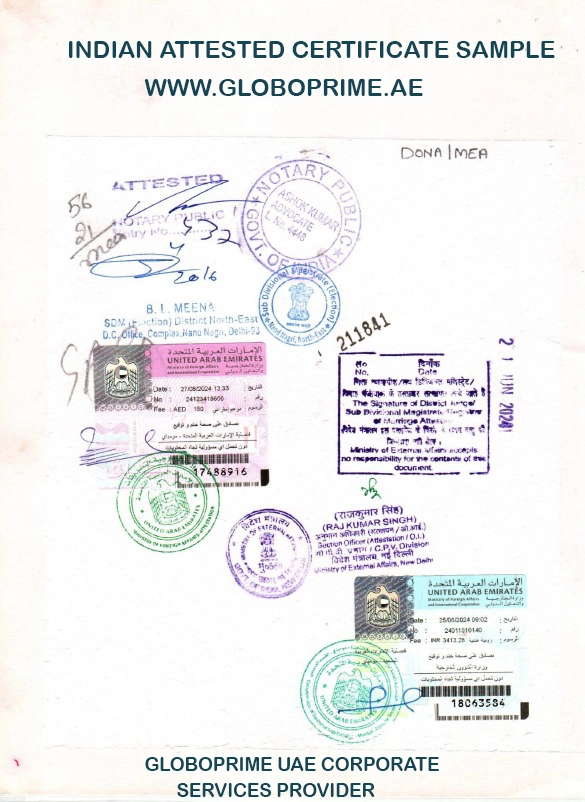 Indian attested certificate sample with Notary Public, SDM North-East Delhi, UAE Embassy, and Ministry of External Affairs India stamps - GloboPrime UAE corporate services provider