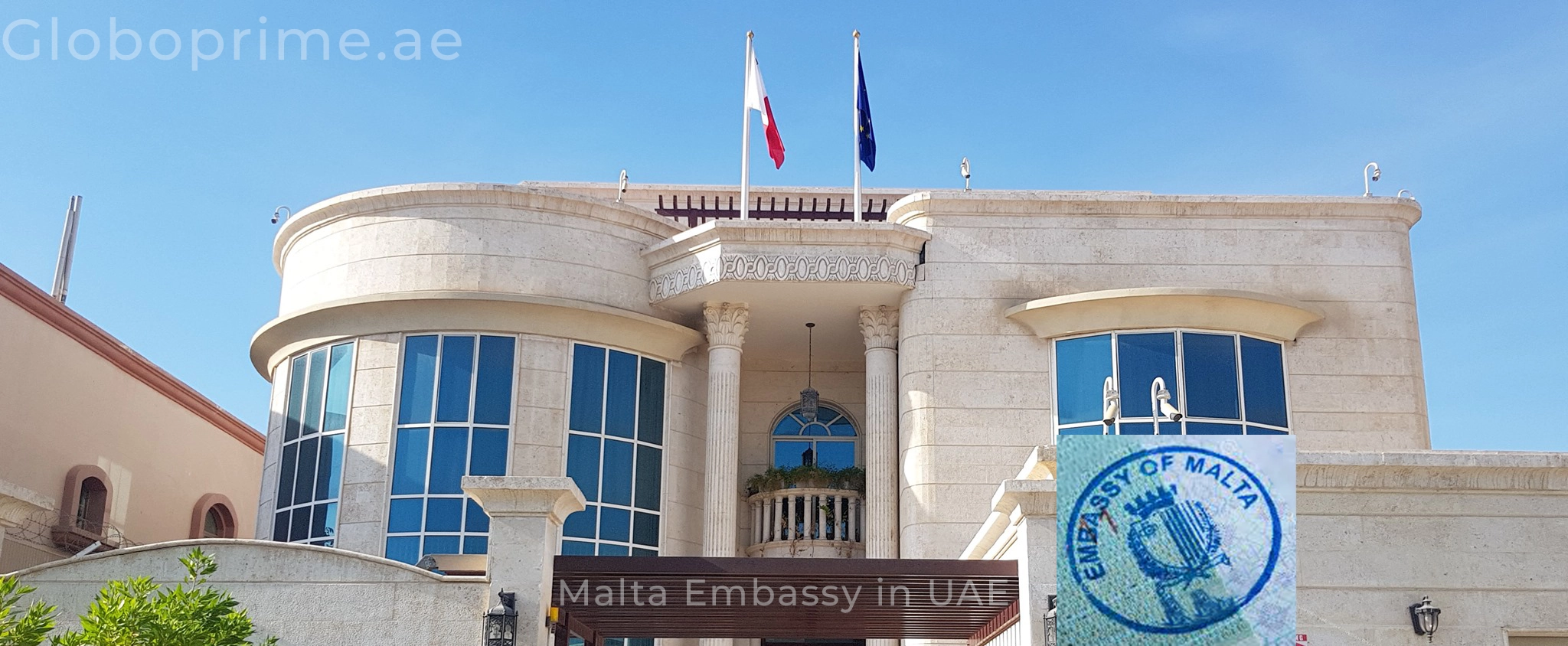 Malta Embassy in Abu Dhabi, UAE, with flags and official seal, offering attestation services