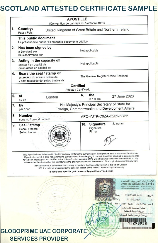 Scotland attested certificate sample with Apostille and UAE Embassy in London stamps