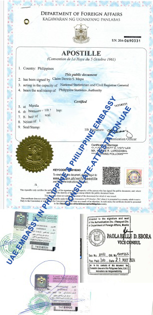 Philippine Apostille and UAE Embassy Attestation on Official Documents with including Philippine Embassy Dubai Stamp