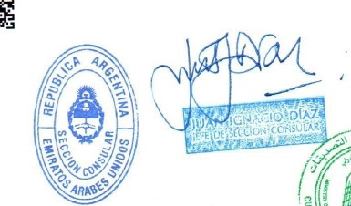 Argentina embassy attestation stamp and consular seal from Abu Dhabi UAE on a document.