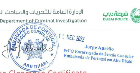 Portuguese embassy attestation stamp and consular seal from Abu Dhabi on a document.