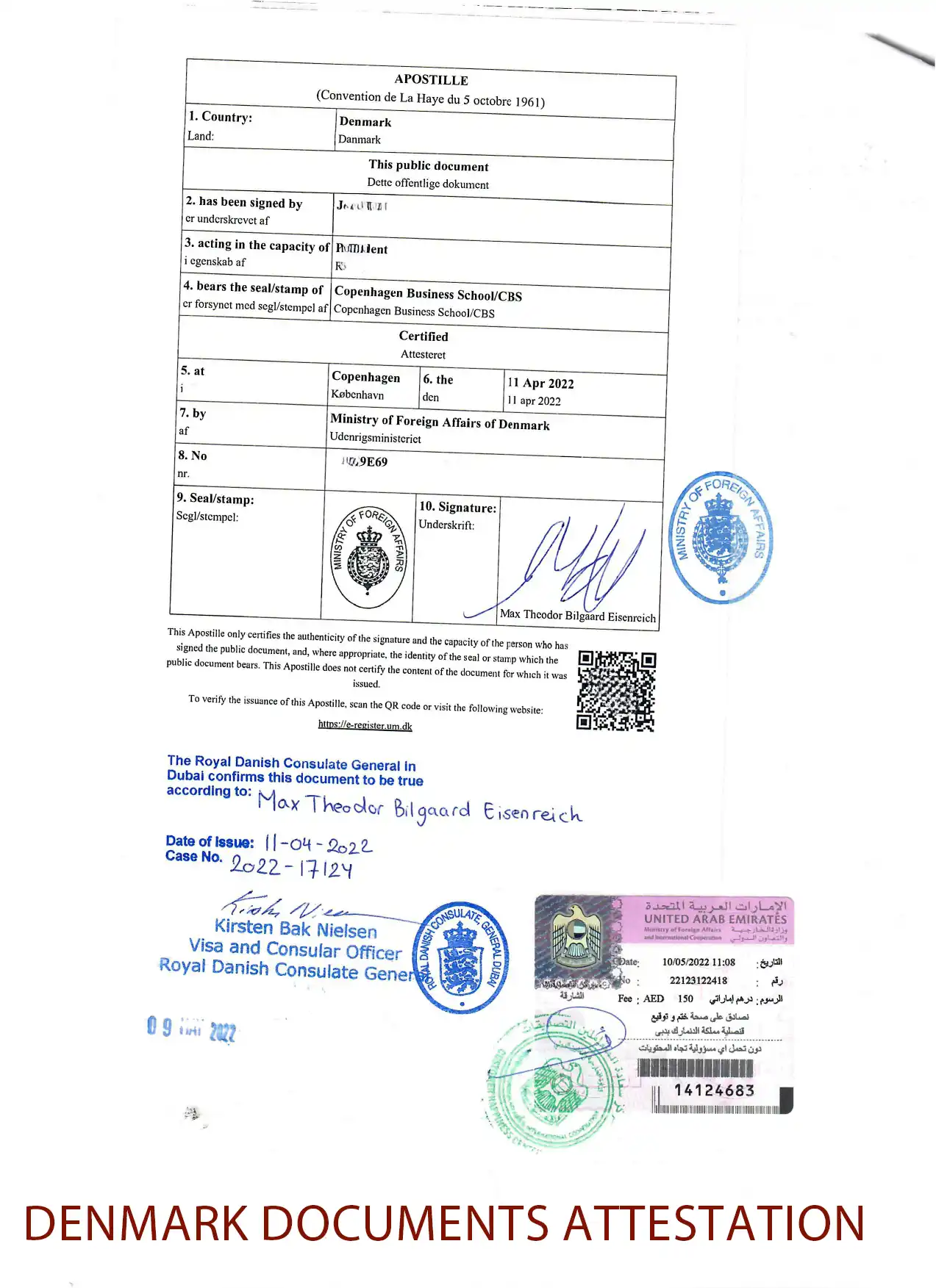 Certified apostille document from Denmark attested by the Royal Danish Consulate General in Dubai, UAE, featuring official stamps and visa details for legal use in the United Arab Emirates.