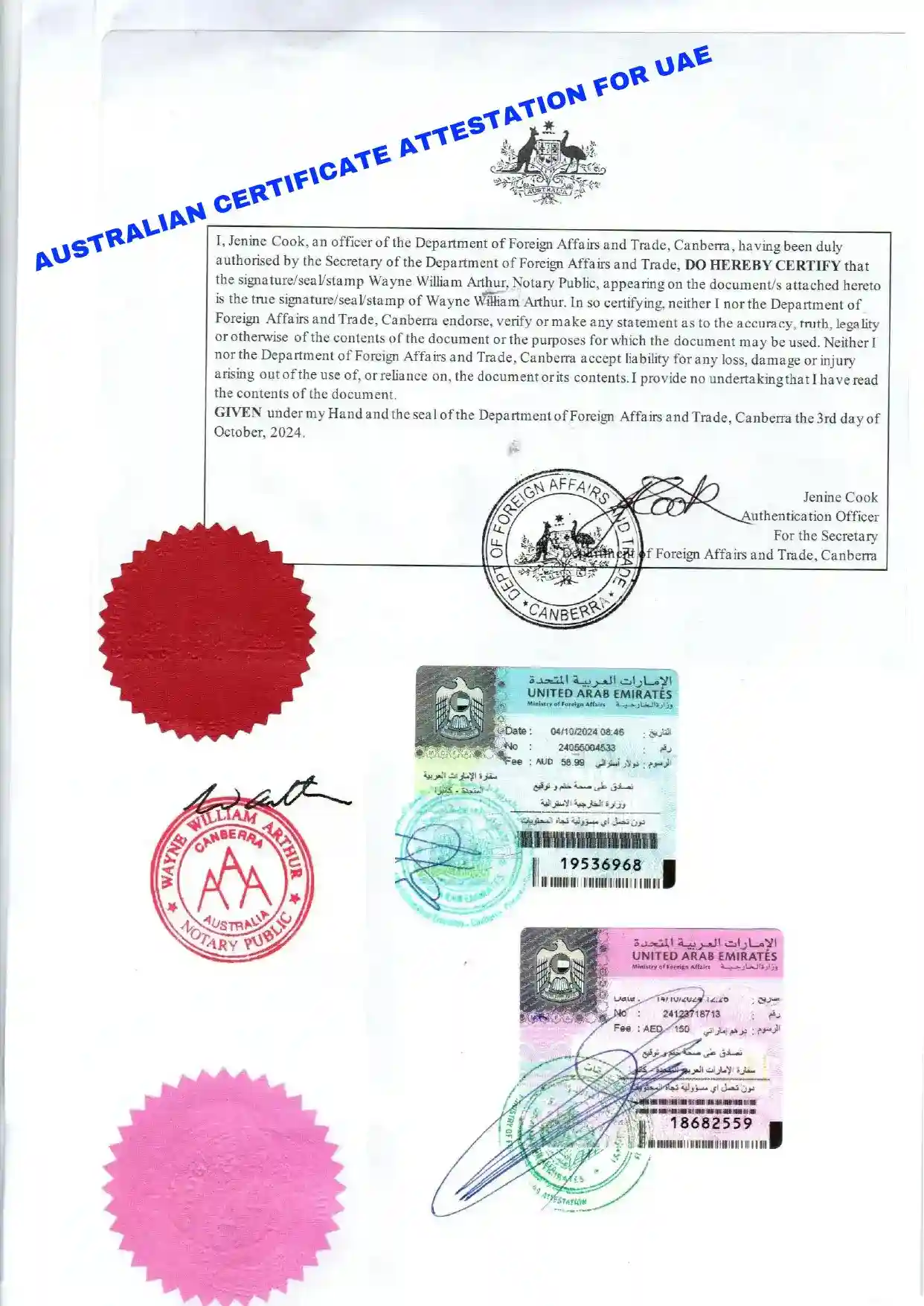 Australian Certificate Attestation for UAE with DFAT, Notary, and UAE MOFA stamps.