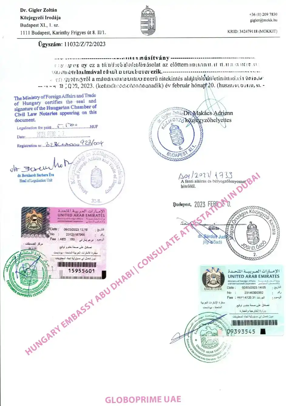 Hungary document attestation with UAE Ministry of Foreign Affairs and Consulate seals, featuring Hungarian notary stamps for official legal recognition in Abu Dhabi and Dubai.