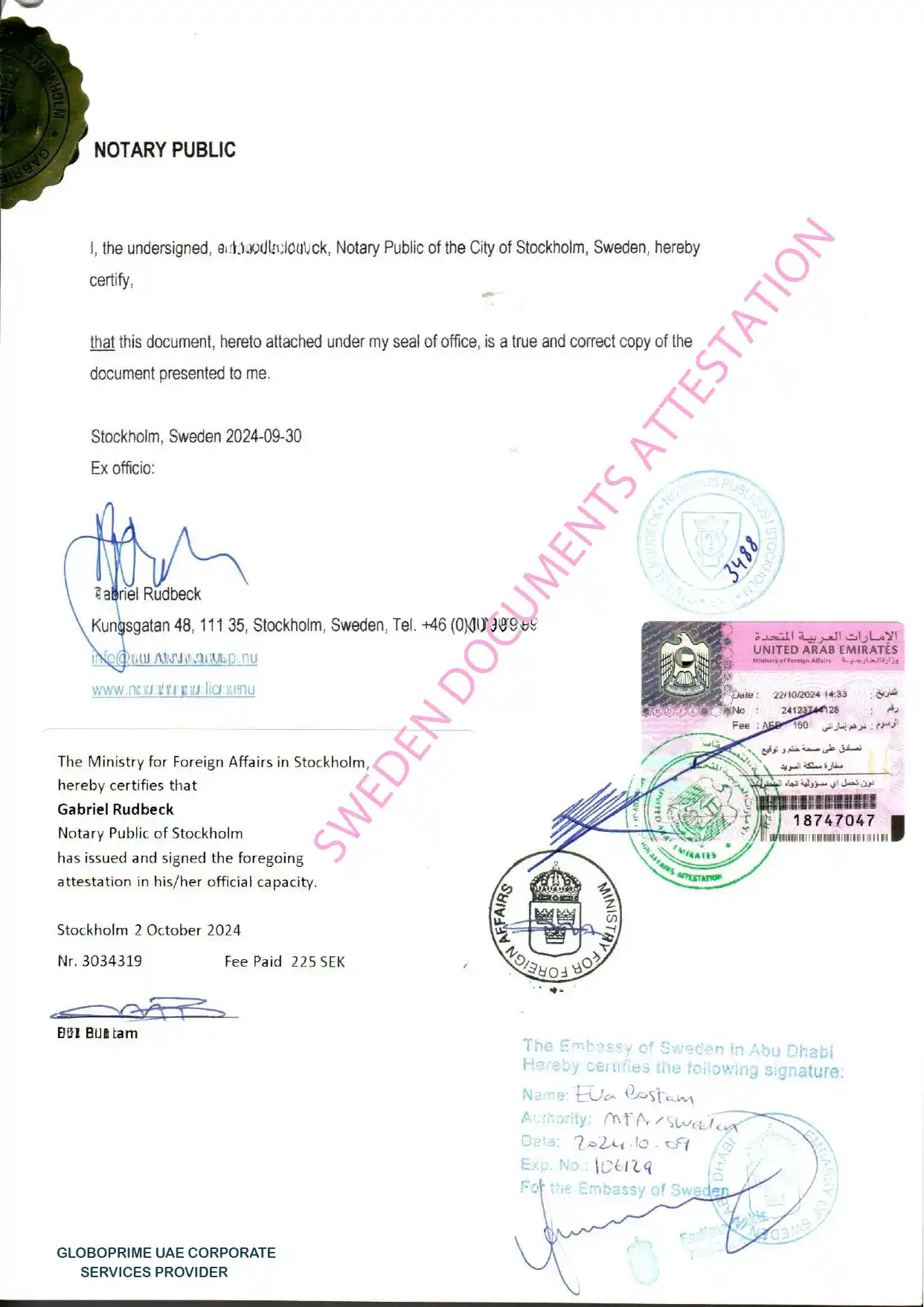 Sweden Attested Document with Notary Public Seal and UAE Authentication Stamps