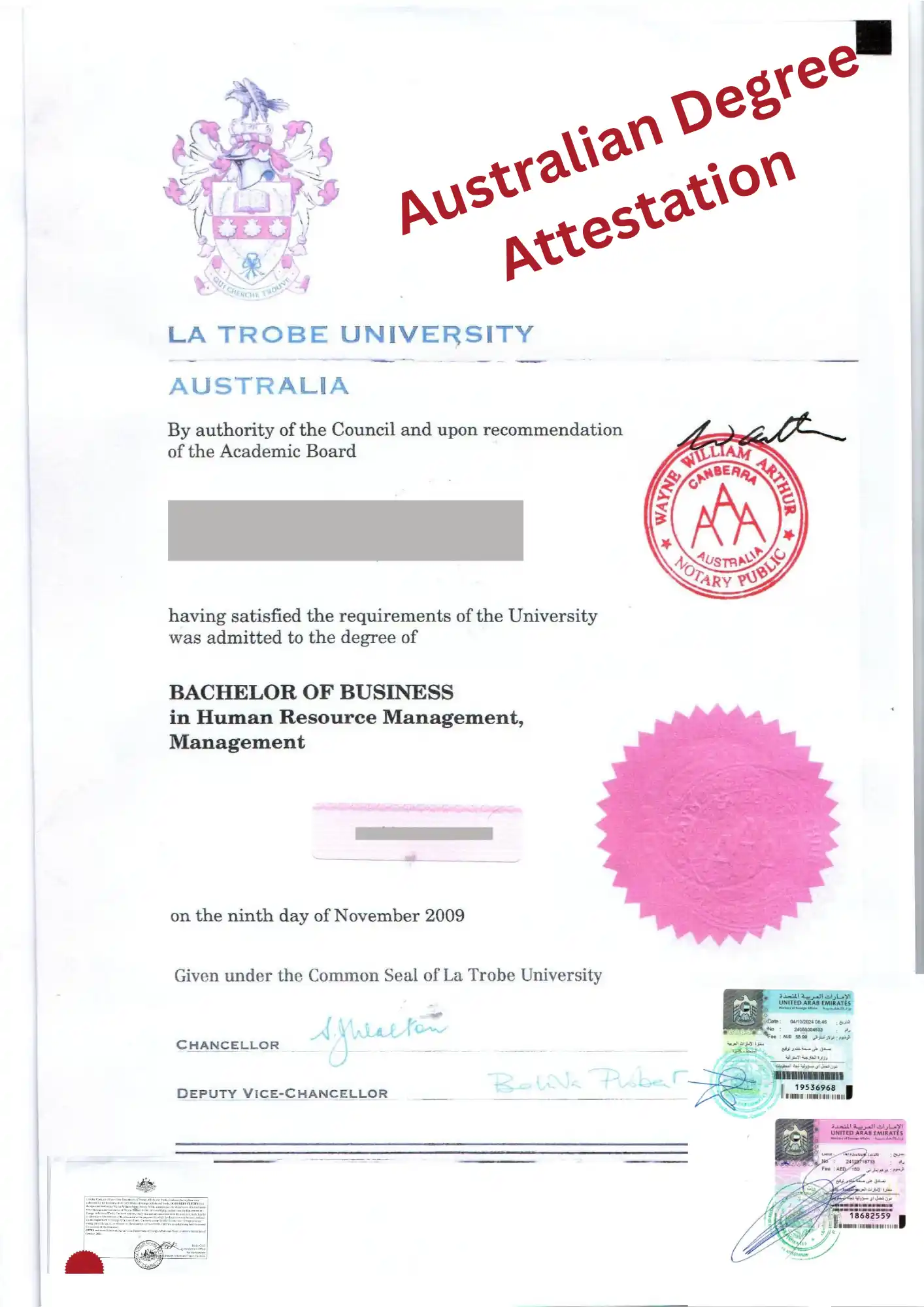 Sample attested Australian degree certificate with notary and UAE embassy stamps for international document verification