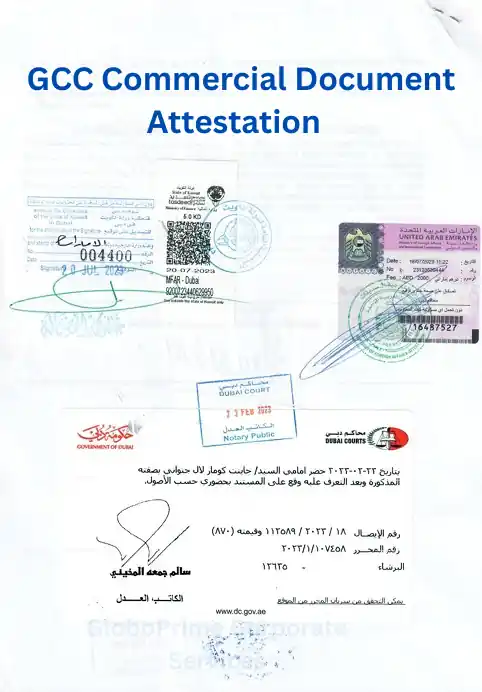 Verified GCC commercial document showing UAE embassy stamps, MOFA attestation seals, and QR verification code for legal business use
