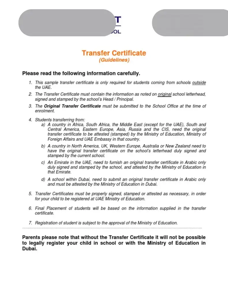 Sample format of UAE school transfer certificate without stamps, showing required structure for attestation