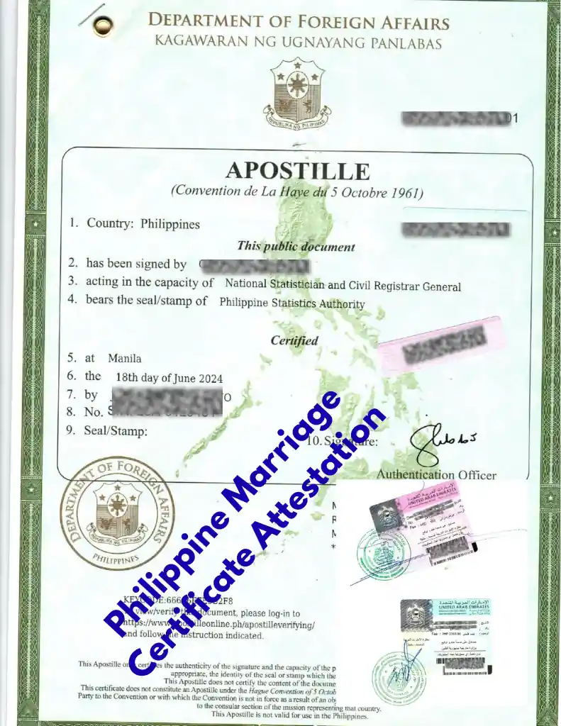Attested Philippine marriage certificate with DFA Apostille, UAE Embassy Manila legalization, and UAE MOFA stamp for official use in the UAE.