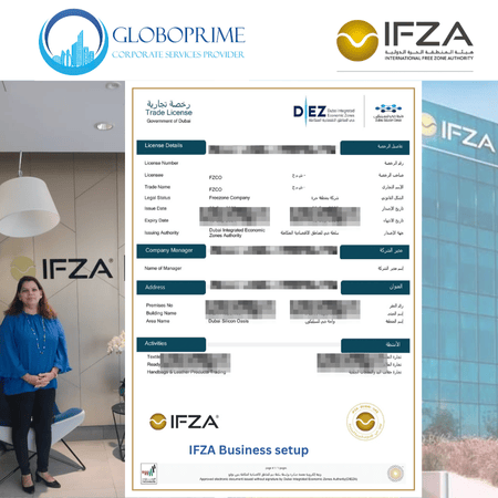 IFZA business license sample with Globoprime managing director signing MOU at IFZA Dubai office – official IFZA partner for business setup services in UAE