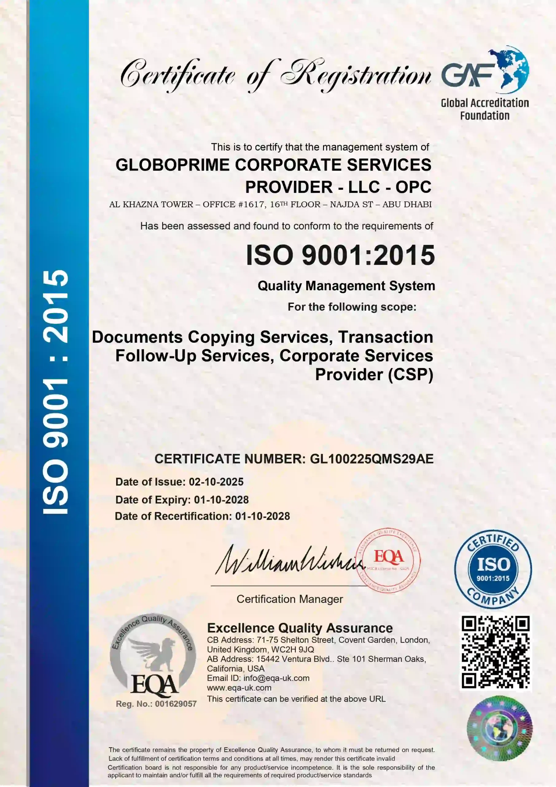 ISO 9001:2015 certified certificate for GloboPrime Corporate Services LLC OPC Abu Dhabi, UAE for document attestation, transaction follow-up, and corporate services in UAE