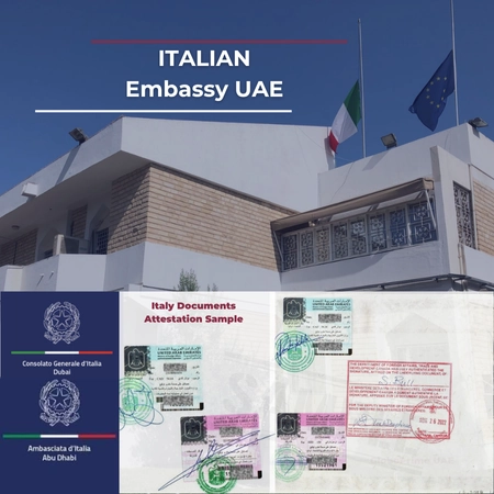 Official Stamped Italian Document for UAE Attestation - Showing Italy Embassy & UAE MOFA Certification