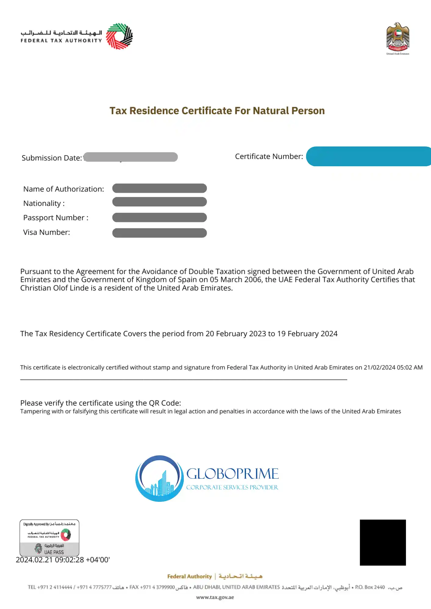 Sample UAE Tax Residency Certificate (TRC) for Natural Person issued by the Federal Tax Authority with QR code verification