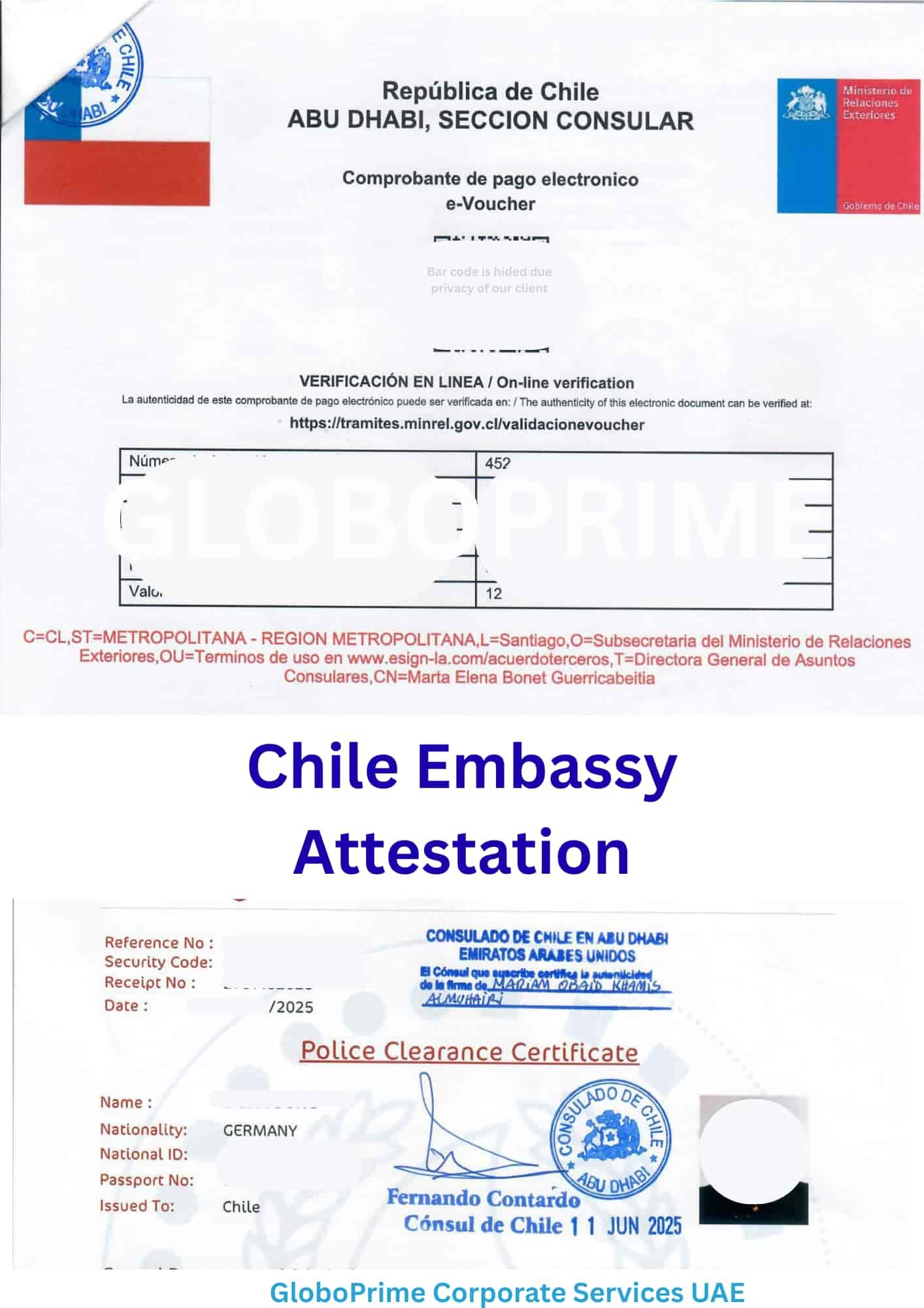 Chile Embassy attestation stamp and electronic e-Voucher on a UAE Police Clearance Certificate, processed by GloboPrime Corporate Services in Abu Dhabi.