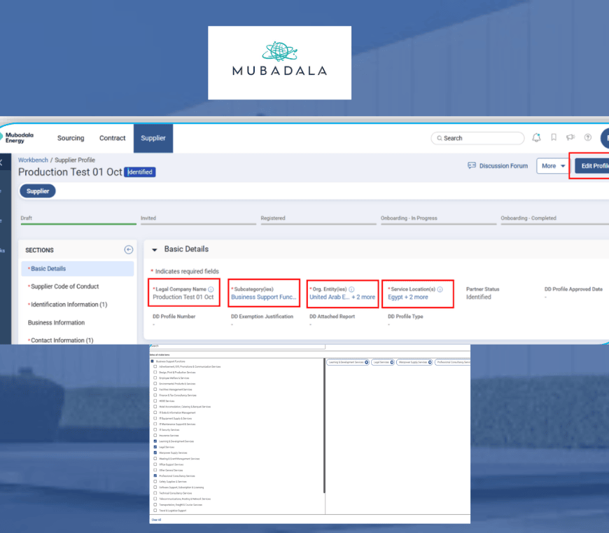 Mubadala Energy Supplier Connect portal showing the GEP supplier registration profile page with Basic Details fields including Legal Company Name, Subcategory, Org Entity, and Service Location