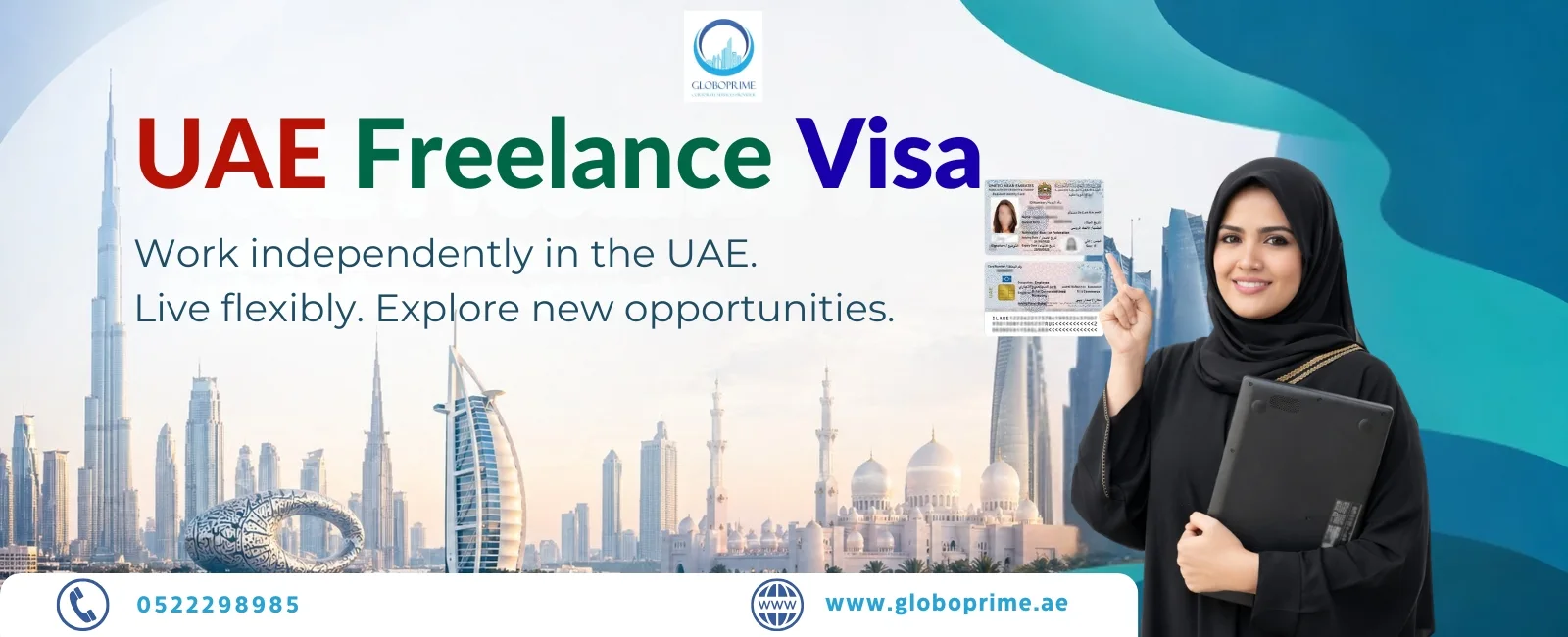 UAE freelance visa banner with Dubai skyline and professional holding documents