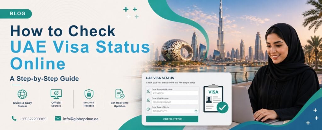 alt="Female checking UAE visa status online on a laptop with Dubai skyline in the background step by step guide by GloboPrime UAE"