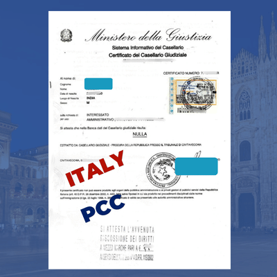 Sample Italy Police Clearance Certificate, Certificato del Casellario Giudiziale, issued by the Italian Ministry of Justice with personal details redacted.